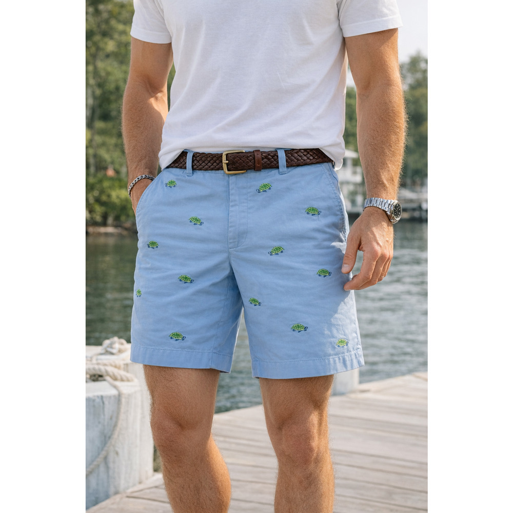 Brooks Brothers 346 Turtle Embroidered Chino Shorts Men's 35 Blue Preppy Coastal